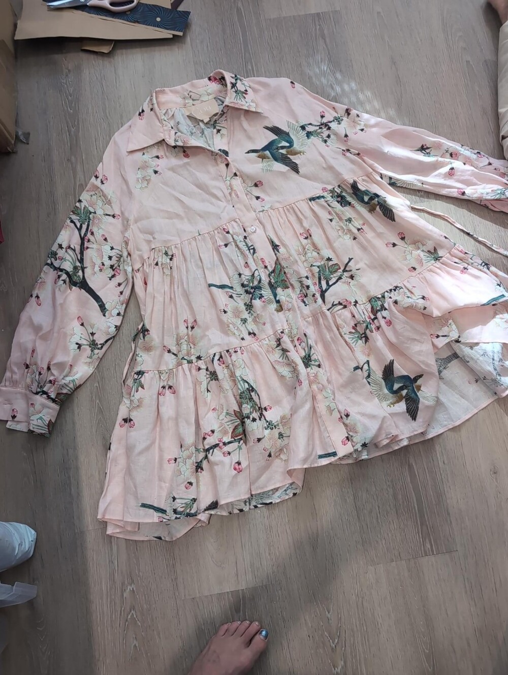 Floral Bird Print Tiered Shirt Dress - Blush Pink